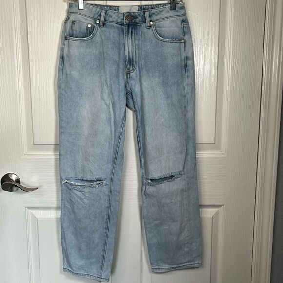 One Teaspoon Truckers Sz 26 Wilde Blue Straight Leg Jeans Torn Knees Distressed - Picture 2 of 12